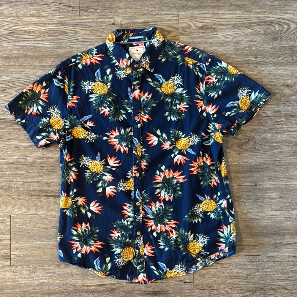 Denim & Flower Blue and Yellow Casual Button Down Shirt Vibrant Floral Design